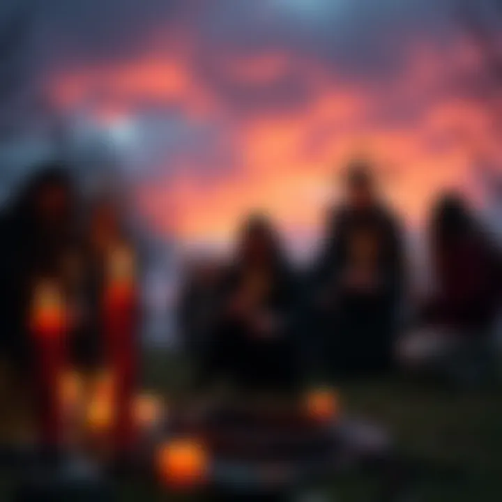A group of people in nature, engaged in a modern pagan ritual with candles and symbols, contrasting historical practices with contemporary beliefs.