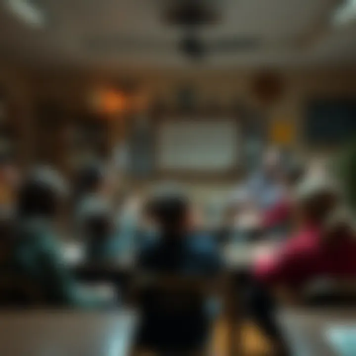 A classroom filled with students learning about Pagan traditions, with a supportive teacher guiding the discussion.