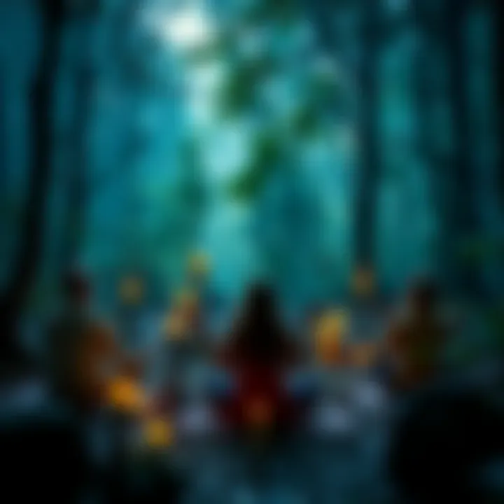 Pagan Spiritual Mantras A group of people meditating in a forest, surrounded by nature, with candles and crystals, focusing on spiritual mantras