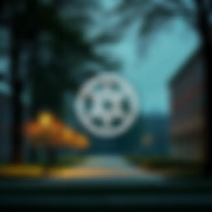 A simple pagan symbol on a college campus with trees and a student walking by, representing hidden communities.