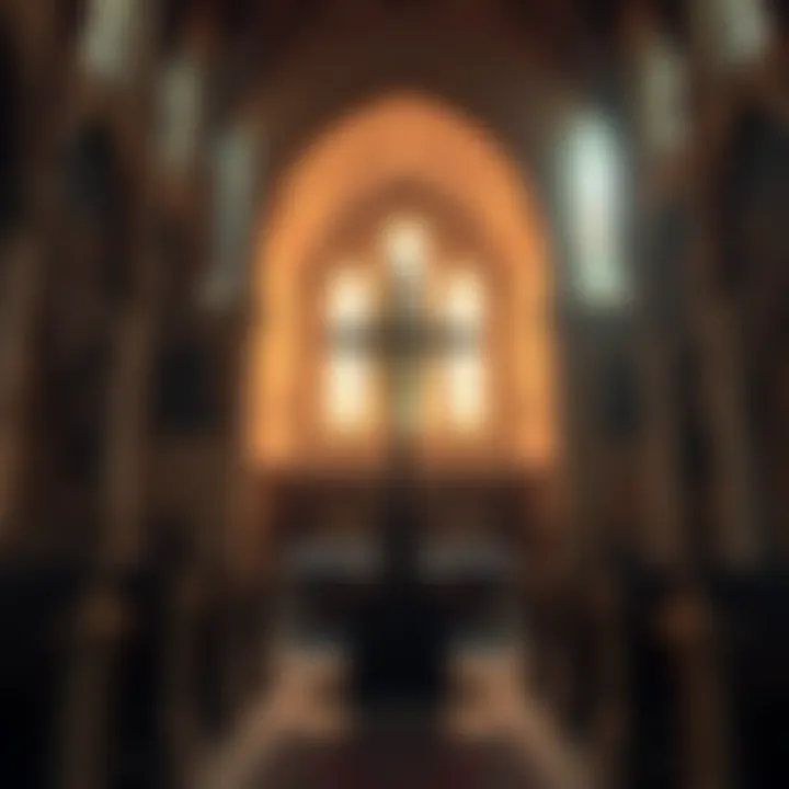 A blend of Pagan symbols and Christian elements in a church interior, highlighting the fusion of beliefs.