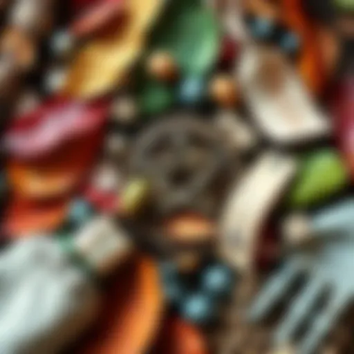 A depiction of nature with pagan symbols like leaves and handmade crafts surrounding it, contrasting with fast fashion items like clothing tags and plastic.