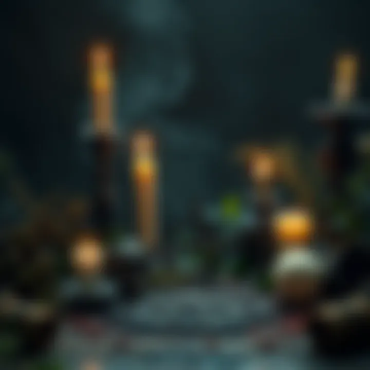 An arrangement of Hellenistic symbols, candles, and plants representing eclectic pagan beliefs