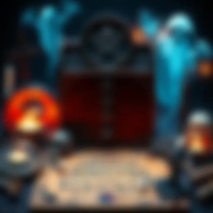 A collection of pagan symbols alongside paranormal items like a ouija board and ghostly images.