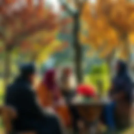 A group of pagans and monotheists engaged in a friendly discussion, sharing thoughts and ideas about their spiritual beliefs and practices in a colorful outdoor setting.