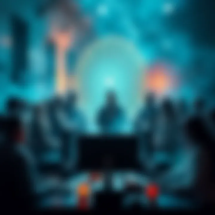 A gathering of Pagans discussing the impact of artificial intelligence on their practices, with computers and symbols of nature around them.