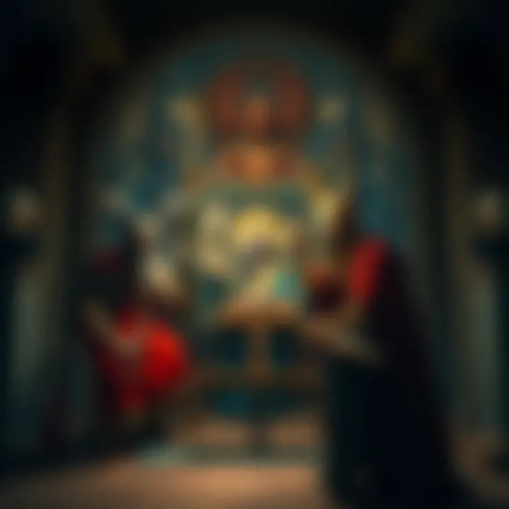 An artist painting Paimon surrounded by his royal entourage, featuring Thoth and Baphomet, inspired by Bosch's art style.