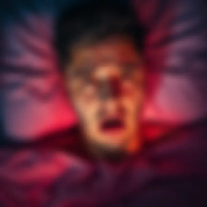 A person waking up in bed, looking shocked and pained, with sweat on their forehead, reflecting the aftermath of a distressing dream about being shot.