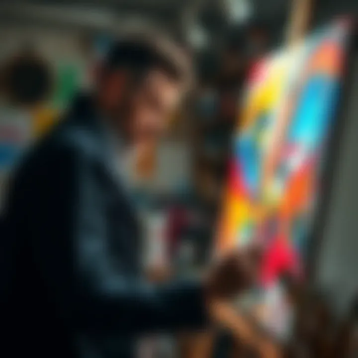 An artist painting on canvas in a bright studio filled with colors and brushes.