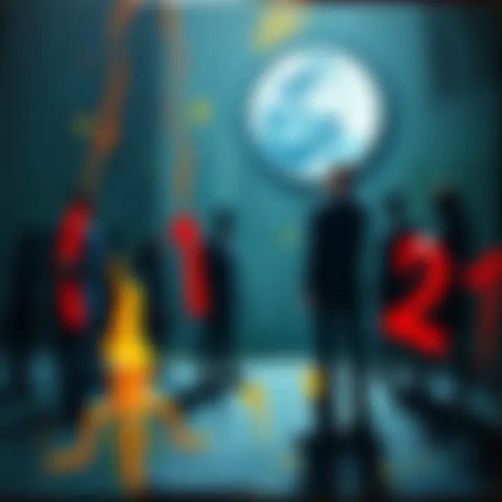A painting that connects Jeffrey Epstein with George Bush and 9/11 events, featuring dark colors and abstract figures.