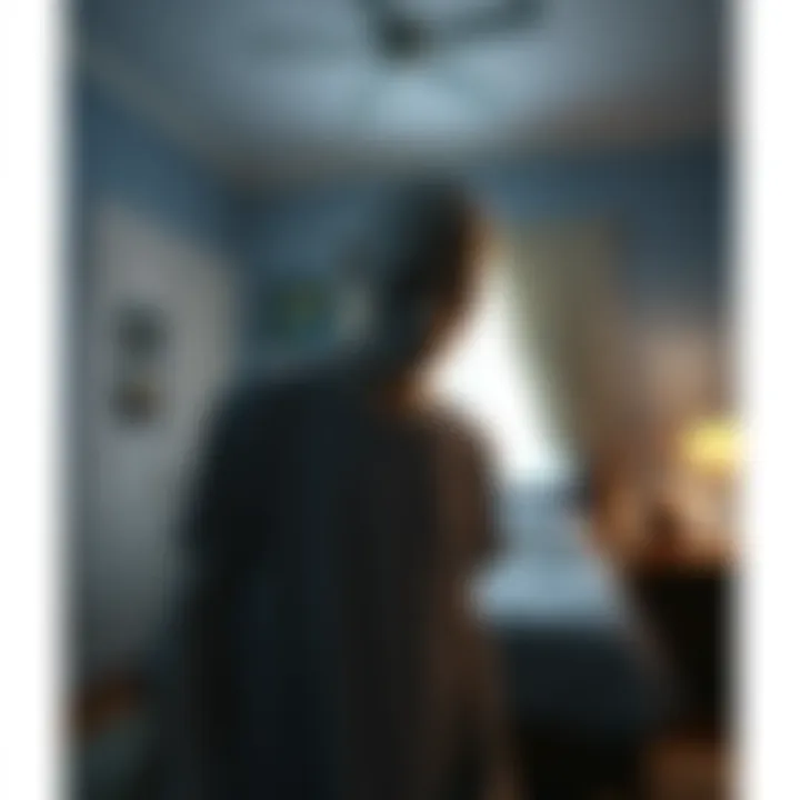 A mysterious figure resembling a boy with pale skin and large eyes stands in a dimly lit bedroom, creating an eerie but oddly comforting atmosphere.