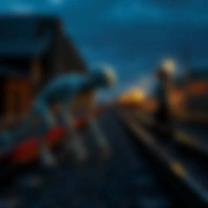 Pale humanoid near railroad tracks A pale humanoid creature on all fours near railroad tracks, making eye contact with a person in fear.