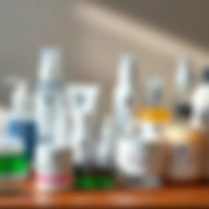 Pale Skin Products A collection of skincare products designed to lighten skin tone, including creams and potions, displayed on a wooden table