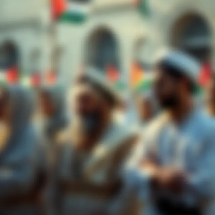 Group of Palestinians dressed in traditional attire, engaged in a cultural event, showcasing their heritage and identity.