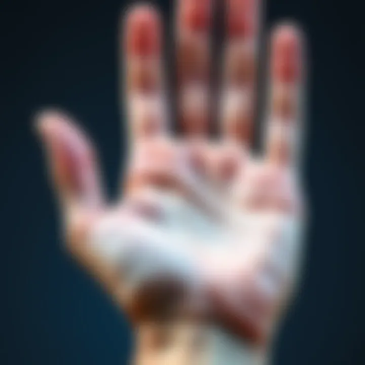 A close-up of a right hand displaying the palm, highlighting the life line with noticeable islands, indicating health concerns,