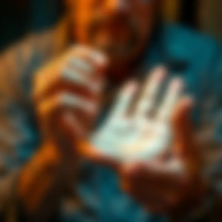 A palm reader looks carefully at a person's palm, analyzing the lines and shapes for guidance.