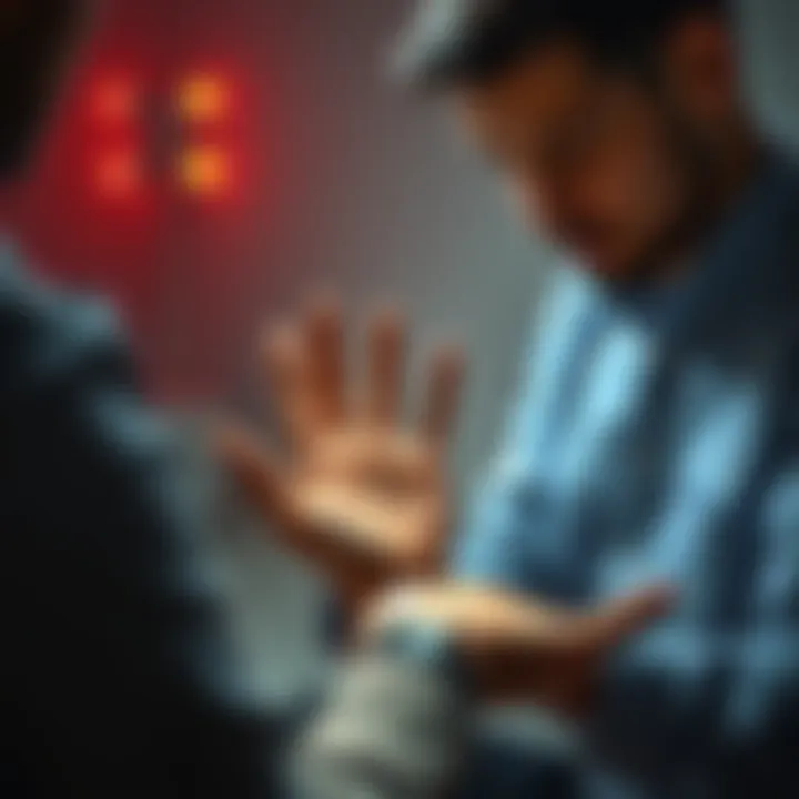 Palm reading for career insights A palm reader analyzing the hand of a 36-year-old man for career, health, and love life guidance