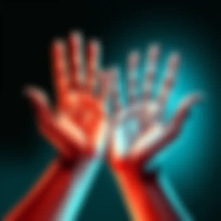 A detailed palm reading display with two hands showing lines and markings for career and wealth insights