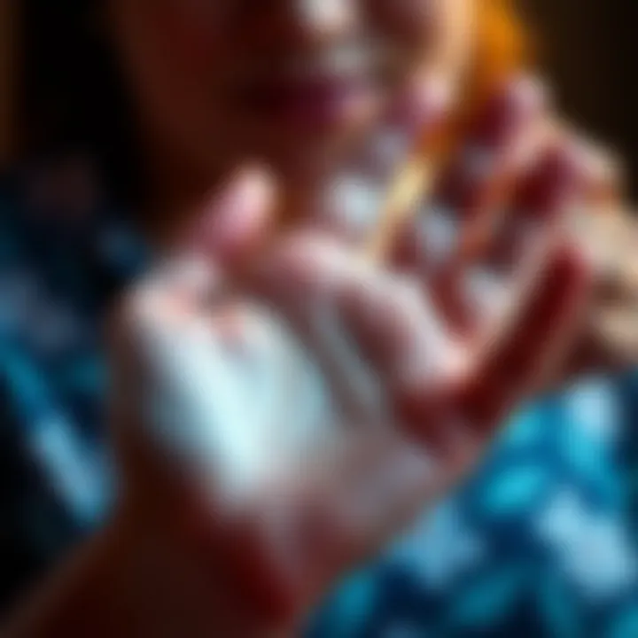 A close-up of a person examining the lines on their mother's palm