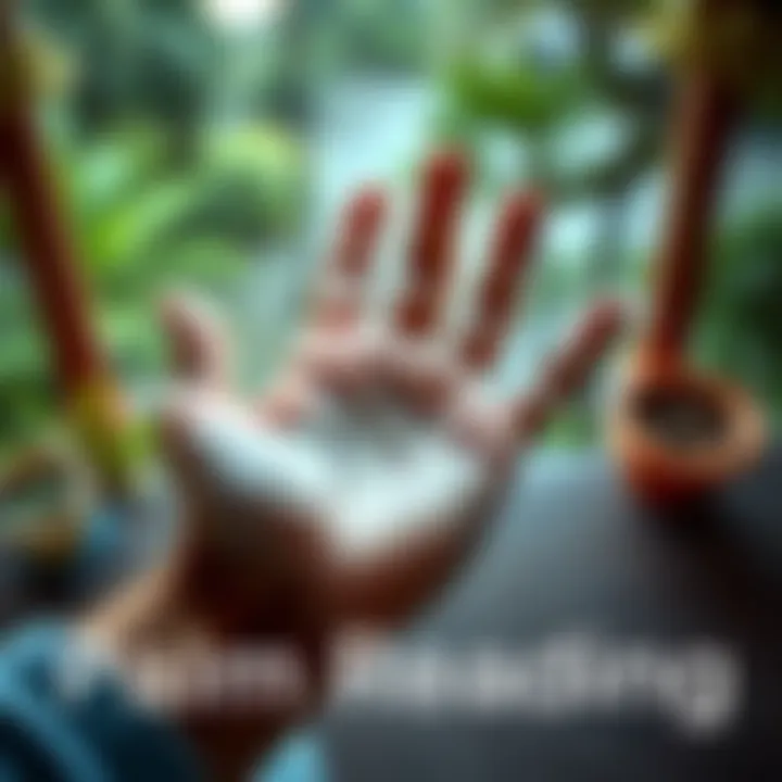 A person holding a hand with lines visibly marked on the palm, indicating the practice of palm reading, with a peaceful setting in the background.