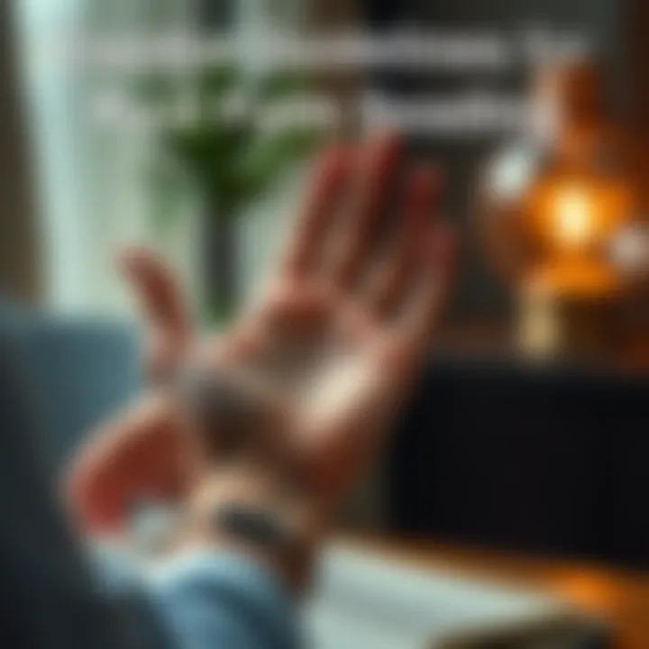 Palm reading session A person holding a hand with palm lines visible, engaged in a reading session with a professional reader, creating a calm atmosphere.