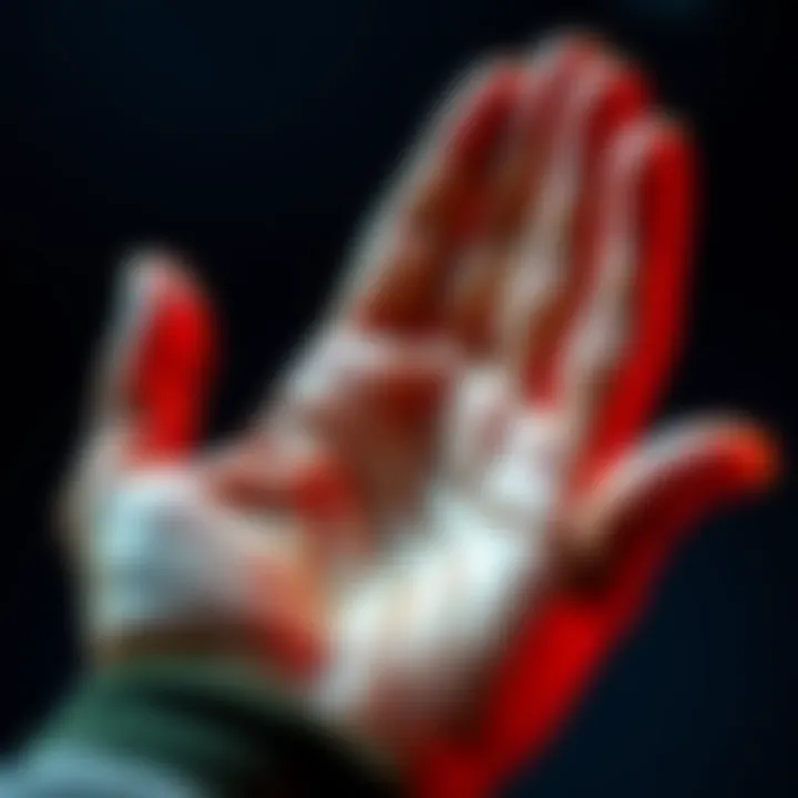 A close-up view of a person's hand being examined for palm reading, showcasing the lines and characteristics of the palm.