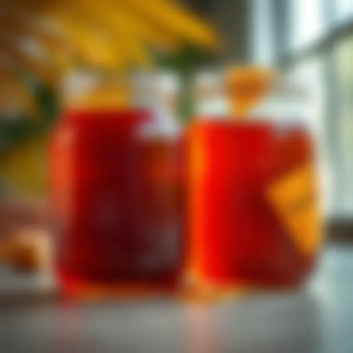 A close-up view of palm syrup and honey in glass jars side by side, showcasing their colors and textures.