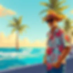 Palm Beach Pete Illustration A colorful beach scene with a mysterious character in a Hawaiian shirt, sunglasses, and a straw hat, standing by the ocean, surrounded by palm trees.