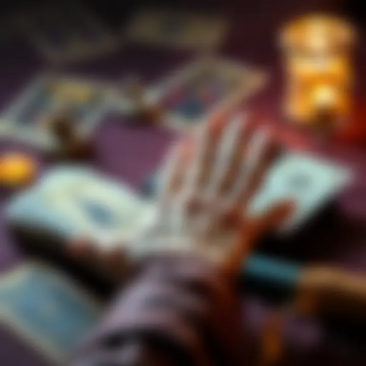 A palm reader with a tarot card spread and a hand in focus, symbolizing fortune telling and guidance.