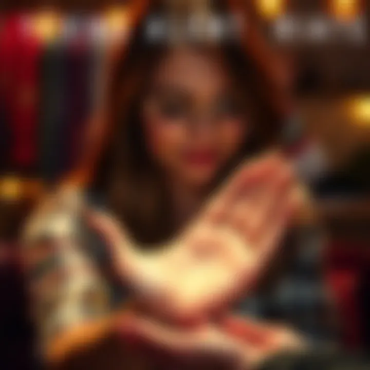 A 25-year-old woman holds her hand out as a palm reader examines her palm for insights.