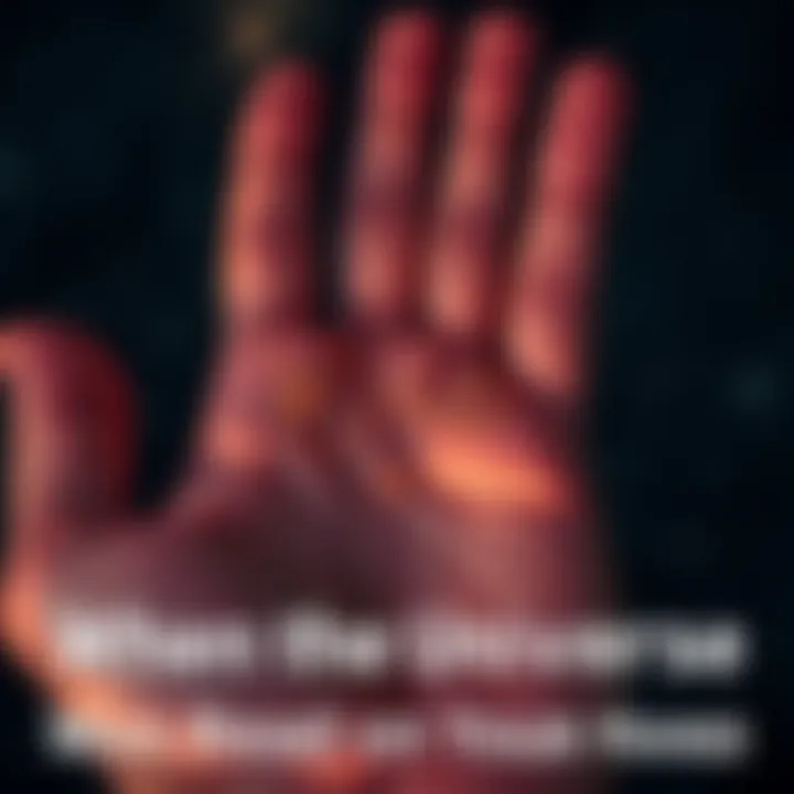 A close-up of a hand showing palm lines with astrological symbols around it.