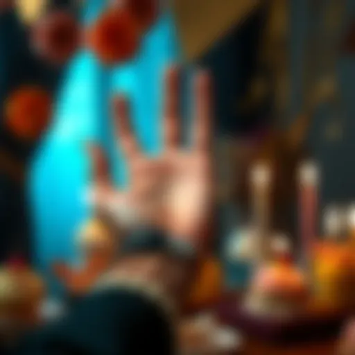 Palm reading session A person holding a hand with palm lines visible, analyzing the lines for insights about personality and future, surrounded by birthday decorations.