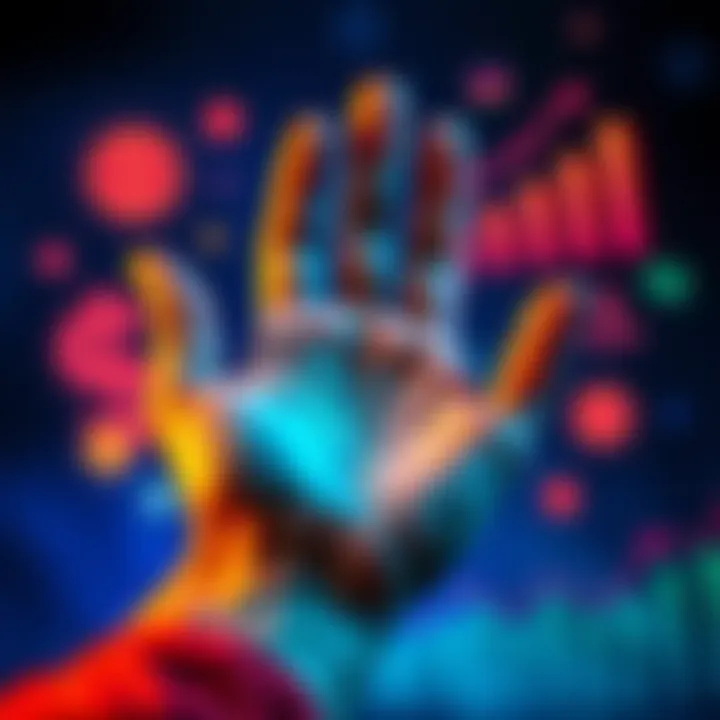 A hand with palm lines, focusing on career and life direction insights, surrounded by symbols of finance and growth