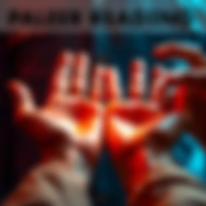 A close-up of hands being analyzed for palm reading, with lines and mounts highlighted to show career and health insights.