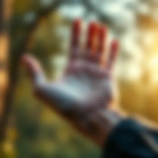 A person holding their palm open, showing distinct lines related to career and love life, with a soft focus background of nature.