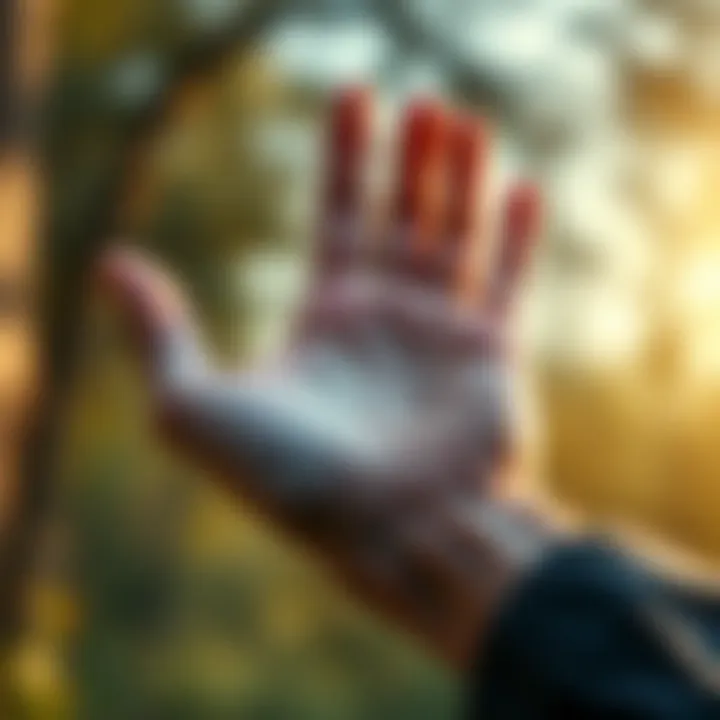 A person holding their palm open, showing distinct lines related to career and love life, with a soft focus background of nature.