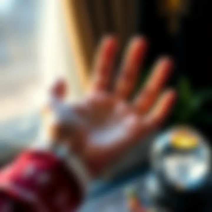 Palm Reading Consultation A person holds their hand out with palm up, showing the lines on their palm for reading. A crystal ball is placed nearby.