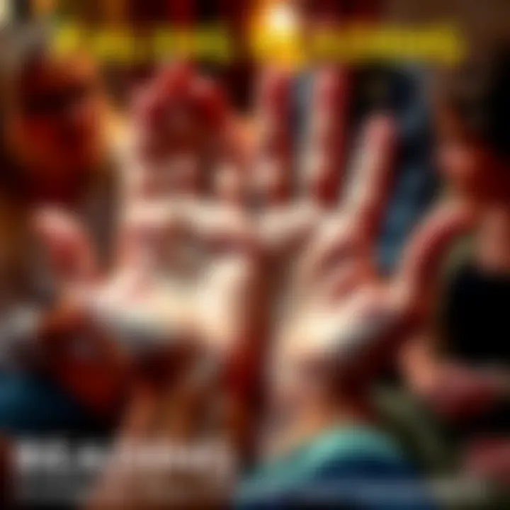 Palm Reading A close-up of hands showing palm lines and markings, with a background of friends discussing palm reading