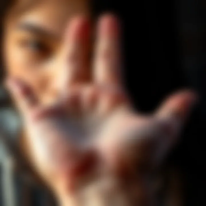 Palm reading for guidance A close-up of a young person's hand with palm lines, showing focus on the lifeline, symbolizing a search for insights after a breakup.