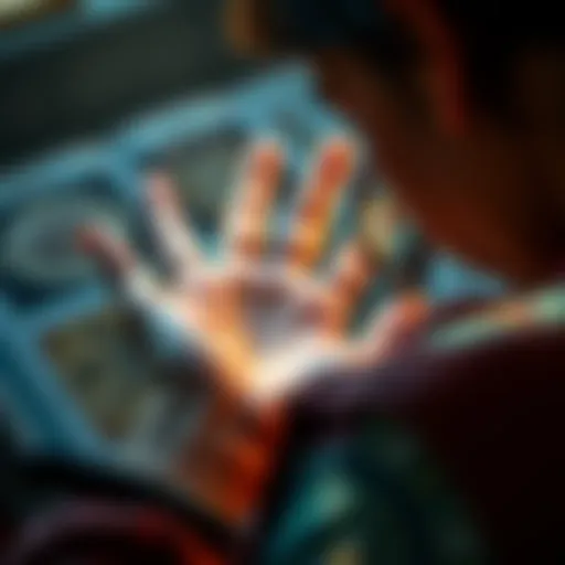 A person examining palm lines for career and love insights with a magnifying glass
