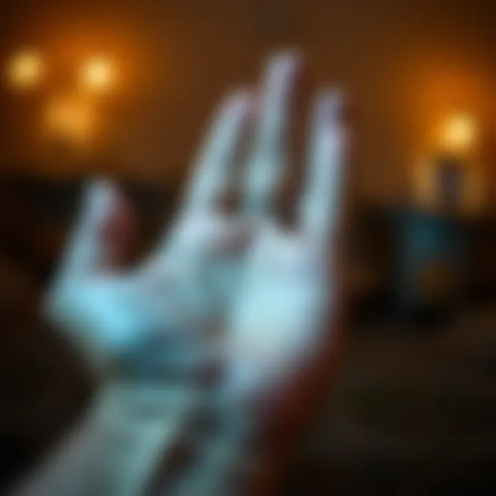 Person Holding a Hand for Palm Reading A close-up of a person's hand being examined for a palm reading, with focus on the lines and shapes on the palm