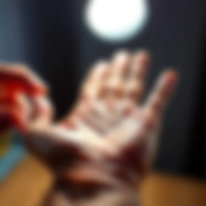 A close-up of a person's hand with distinct palm lines being examined under bright light