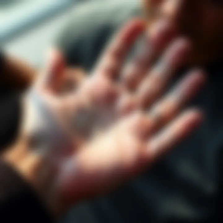Palm reading hands A close-up of a person examining palm lines on another person's hand, showcasing the lines and shapes