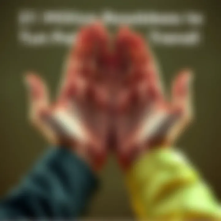 A close-up of two hands showing a palm reading, with lines on the palms clearly visible.