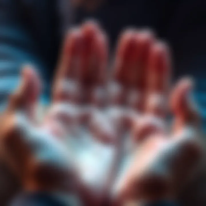 A close-up of hands with palm lines visible, depicting palm reading practice