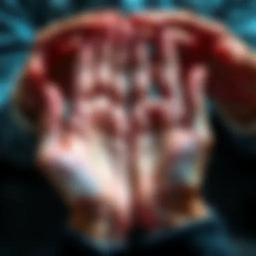 A close-up of hands showing various palm shapes and lines during a palm reading session.