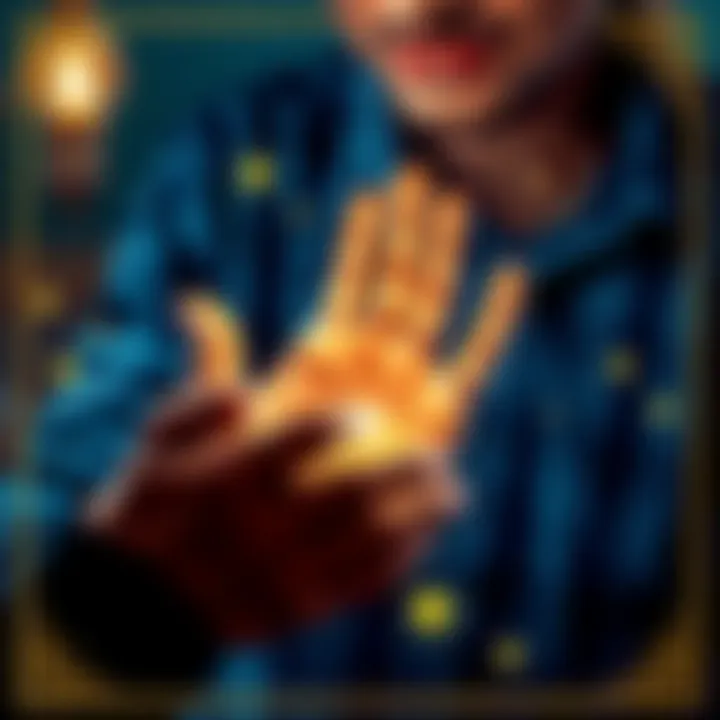 Palm reading illustration A person examining a palm with clear lines and symbols, offering insight into personality and future.