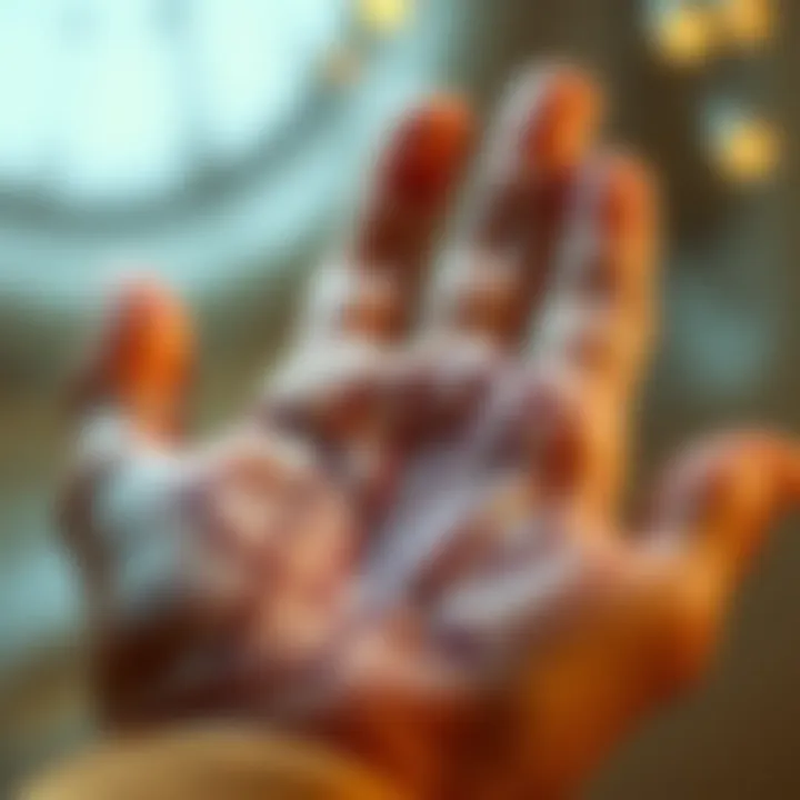 A close-up of a person's hand with prominent lines being analyzed for palm reading, focusing on family and career aspects.