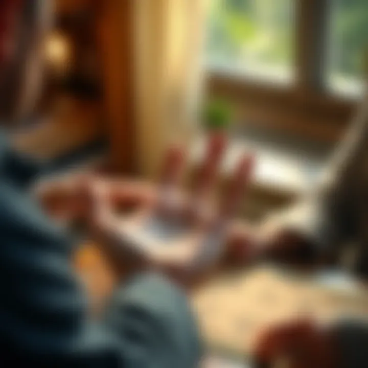 A person sitting at a table, getting their palm read by another individual, with a focus on the palm and lines indicative of career and family predictions