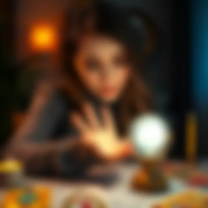 A 23-year-old woman looking at her palm with a crystal ball and tarot cards on the table, seeking guidance on love and career.